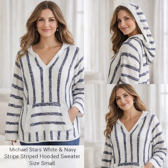 Michael Stars Sweaters - Michael Stars Baja Hoodie Sweater Wht Navy Stripe Kangaroo Pocket Beach Pullover